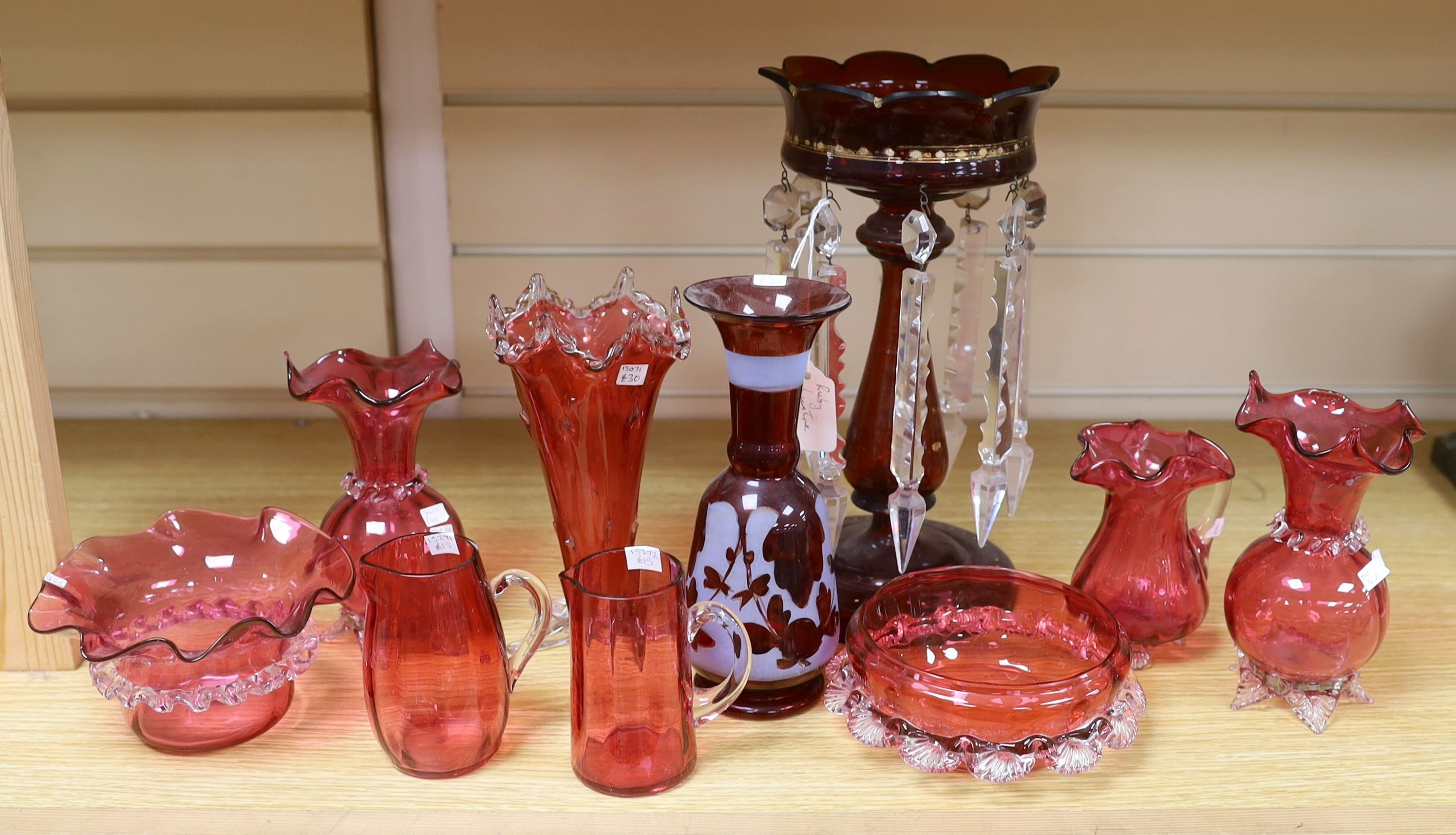 A Victorian ruby glass table lustre, cranberry glassware etc (10) tallest 27cm